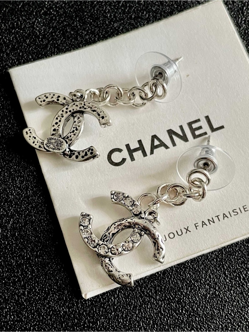 CHANEL Silver-Tone CC Chain Drop Earrings with Crystal Detail